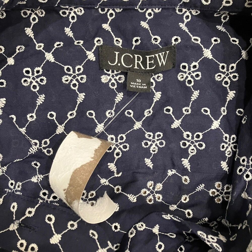 J Crew Mini Eyelet Shirt Dress Womens 10 Navy Blue Sleeveless Button Front Godet - Picture 6 of 13